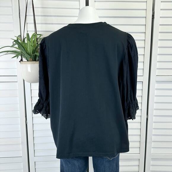 Laura Ashley Black Short Puff Sleeve Lace Trim Blouse Top Tee Shirt Plus Size 2X - Picture 5 of 8
